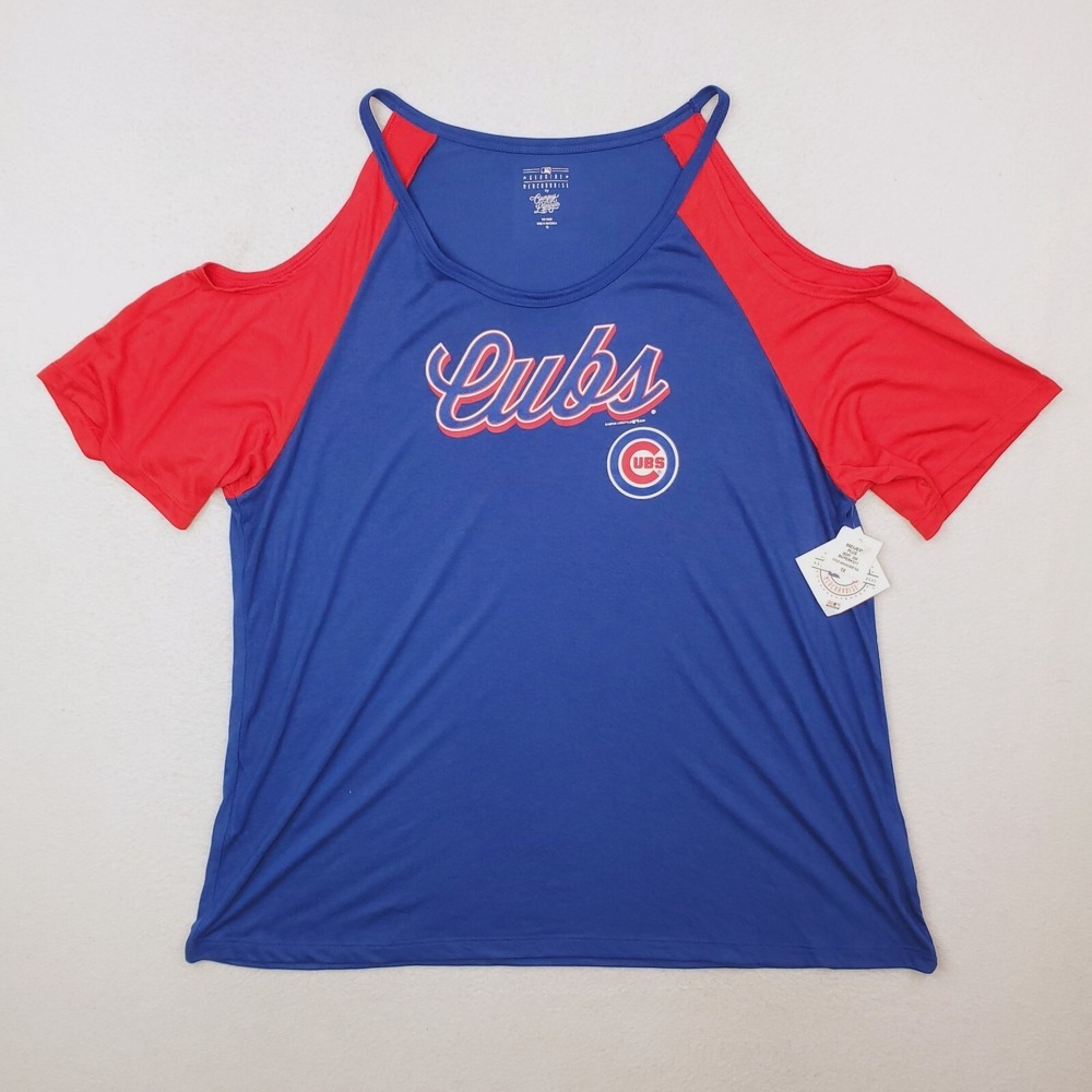 Chicago Cubs Shirt Womens 1X Blue Red Cold Shoulder Spellout Short‎ Sleeve NWT